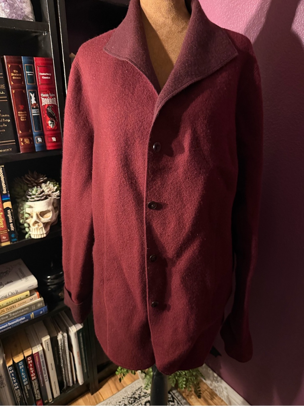 Women’s Burgundy Wool-Blend Button Front Coat